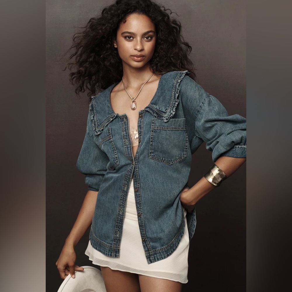 Pilcro Frill Collar Denim Buttondown Shirt